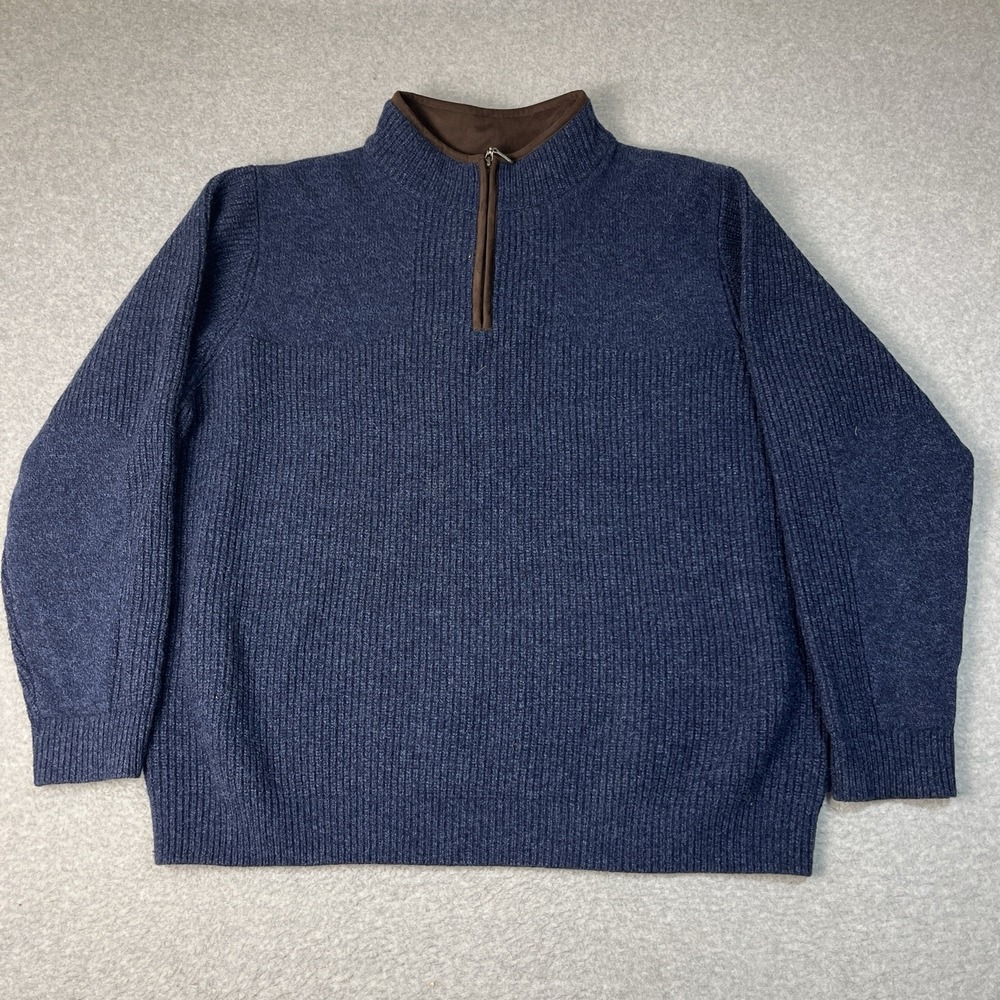 LL Bean Waterfowl Sweater Mens XXL Blue 100% Merino Wool Pullover Knit 1/4 Zip